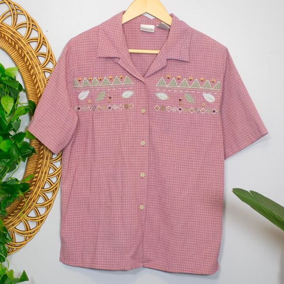 Vtg Embroidered Pink Check Applique Wood Button Cottagecore Top L | Soft Autumn - Picture 5 of 9
